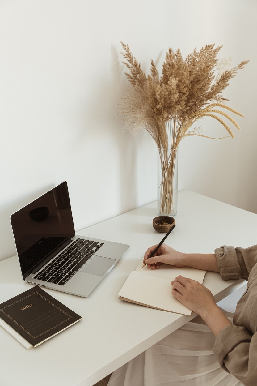 Woman Writing on a Notebook in Front of Laptop